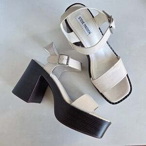 Steve Madden Cream Platform Chunky Heel Sandals Sz 9.5 Retro Y2K Minimalist Chic